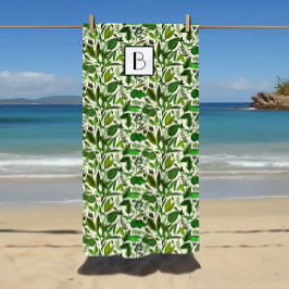 Toalha De Praia Padrão de Folhas Verdes Botânicas Monogramadas