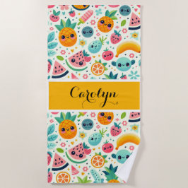 Toalha De Praia Padrão de Frutas Fofas Monograma Personalizado Ver