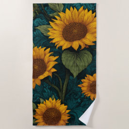 Toalha De Praia Padrão de Girassol Vintage – Design de Arte Botâni