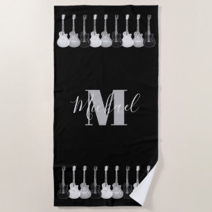 Toalha De Praia Padrão de guitarra Monogram preto e branco