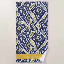 Toalha De Praia Padrão de Ikat Clássico Abstrato Amarelo Azul Negr