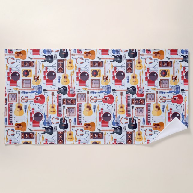 Toalha De Praia Padrão de instrumentos musicais coloridos (Frente)