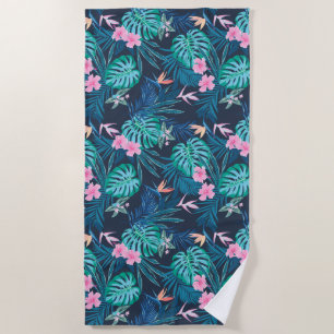 Toalha De Praia Padrão de Jardim de Flor Tropical Azul