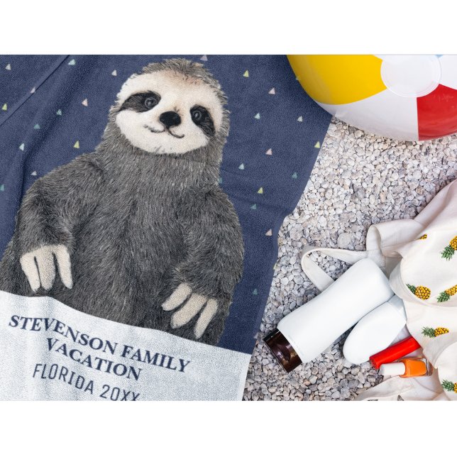 Toalha De Praia Padrão de Lama do Sun e da Família Divertida (Cute sloth custom family vacation blue purple beach towel. #sloth #vacation)