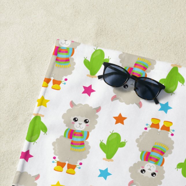 Toalha De Praia Padrão De Lhamas, Lhamas Cutas, Alpacas, Cactus (In Situ)