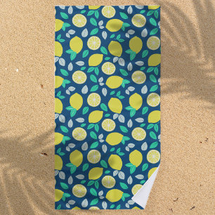 Toalha De Praia Padrão de limão de verão em azul Marinho