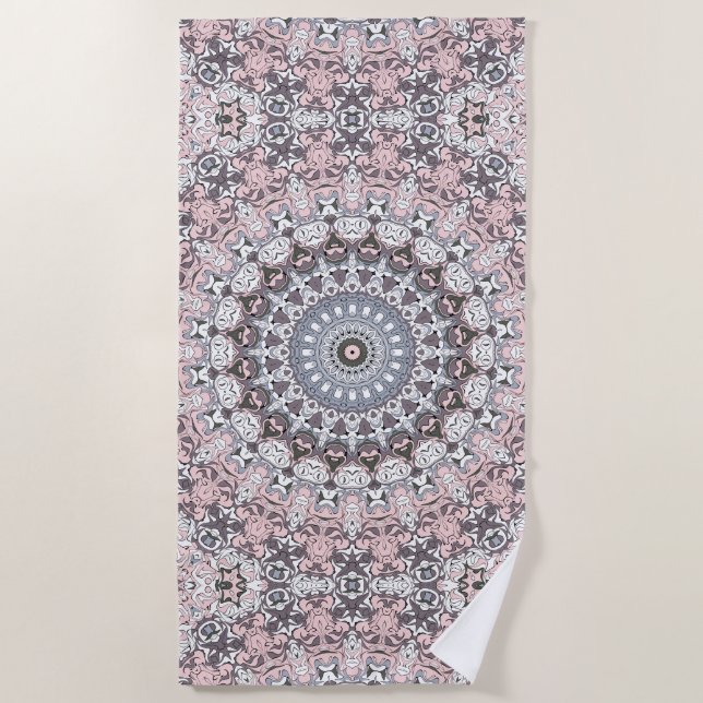 Toalha De Praia Padrão de Mandala Rosa Cinza e Branco (Frente)