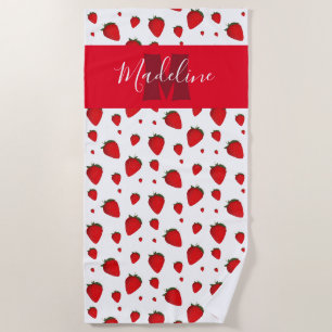 Toalha De Praia Padrão de Morango Vermelho Monograma Branco Comid