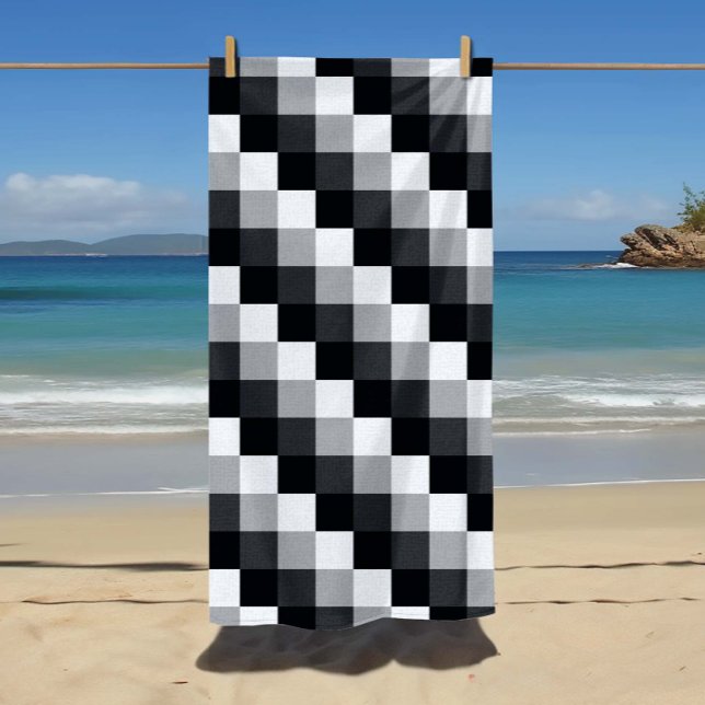 Toalha De Praia Padrão de Mosaico de Pixel Verificado Monocromo em (Gray Monochrome Checked Pixel Mosaic Pattern Beach Towel)