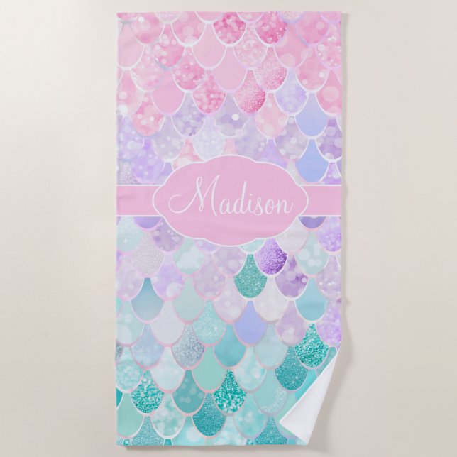 Toalha De Praia Padrão De Sereia De Ombre Bonito Monograma (Frente)