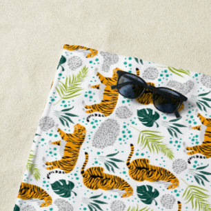 Toalha De Praia Padrão de Tigres e Folhas Tropicais
