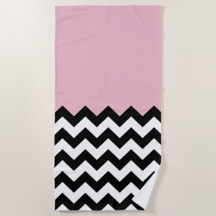 Toalha De Praia Padrão de ziguezague preto e branco, Chevron, rosa