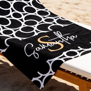 Toalha De Praia Padrão do círculo preto e branco com monograma