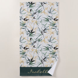 Toalha De Praia Padrão Dourado de bambu verde com aquarela japones
