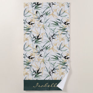 Toalha De Praia Padrão Dourado de bambu verde com aquarela japones