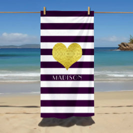 Toalha De Praia Padrão Dourado de Stripes Roxas de Nome Roxo