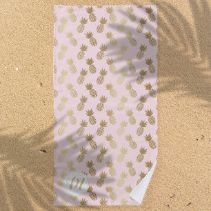 Toalha De Praia Padrão e monograma do abacaxi Dourado e rosa