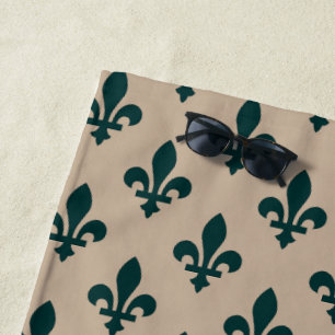 Toalha De Praia Padrão Fleur de Lis, Verde Real Francês sobre Crem
