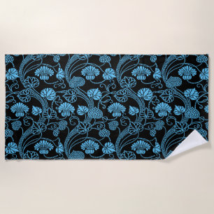 Toalha De Praia Padrão Floral Antigo Preto no Azul