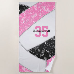 Toalha De Praia padrão floral artsy paisley voleibol preto rosa