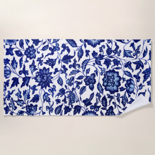 Toalha De Praia Padrão floral azul-marinho chinês em branco