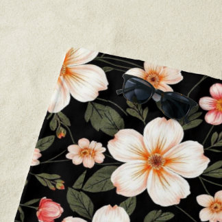 Toalha De Praia Padrão floral brilhante em preto