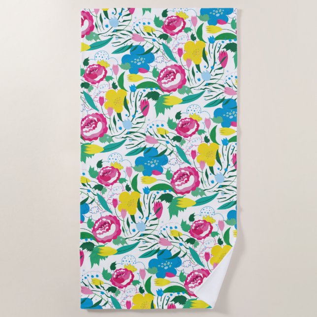 Toalha De Praia Padrão floral com buquê colorido. (Frente)