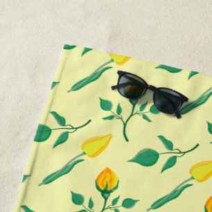Toalha De Praia Padrão floral com rosa amarela e flores tulipas