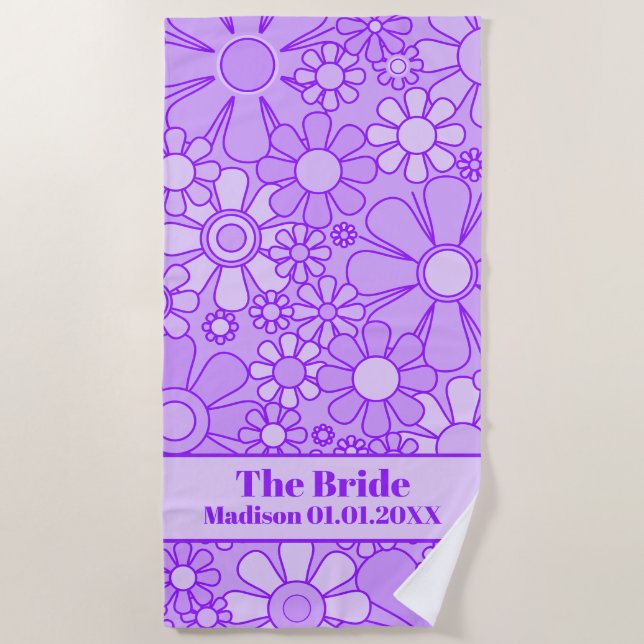 Toalha De Praia Padrão Floral da Lavanda Retro Groovy para a Noiva (Frente)
