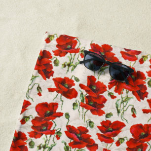 Toalha De Praia Padrão Floral de Papoula Vermelha Vintage Arte Bot