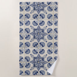 Toalha De Praia Padrão Floral Geométrico Azul-Vintage Branco