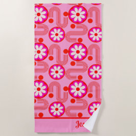 Toalha De Praia Padrão Floral Moderno do meio século com Nome Rosa