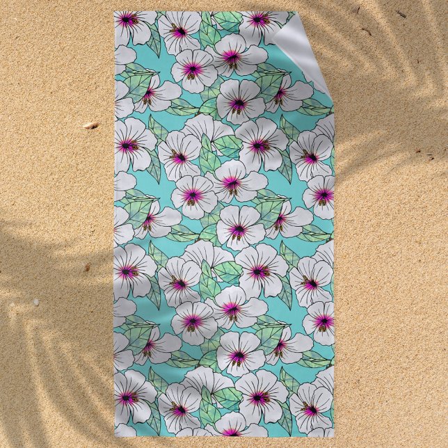 Toalha De Praia Padrão Floral Tropical de Hibiscus Rosa e Branco (Tropical Vibes Hibiscus Pattern Beach Towel)