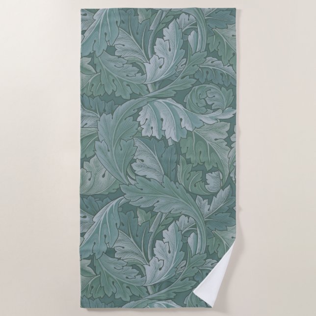 Toalha De Praia Padrão Folha de Acanto Azul Teal de William Morris (Frente)