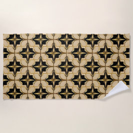 Toalha De Praia Padrão Geométrico Elegante em Dourado e Preto