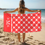 Toalha De Praia Padrão Geométrico Monograma Vermelho Branco | Edit<br><div class="desc">Esta toalha de praia personalizada tem um padrão vermelho e branco de coral geométrico com um monograma personalizado na base da toalha de praia. Personalize editando as caixas de texto fornecidas. #padrão #monograma #monograma #monograma #personalizado #personalizado #personalizado #personalizado #personalizado #addyourown #vermelho #coral #mosaico #azulejo #geométrico #elegante #elegante #na moda #trendy...</div>