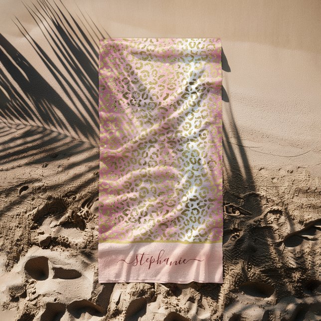 Toalha De Praia Padrão-Leopardo Dourado do Ombre Rosa Glam Persona (Glam Pink Ombre Gold Leopard Pattern Personalized Beach Towel)