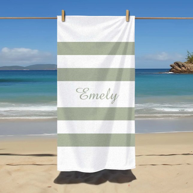 Toalha De Praia Padrão Listrado Verde Salvia Moderno  (Modern Sage Green Striped Pattern Beach Towel)