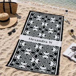 Toalha De Praia Padrão Monograma Art Déco Preto e Branco
