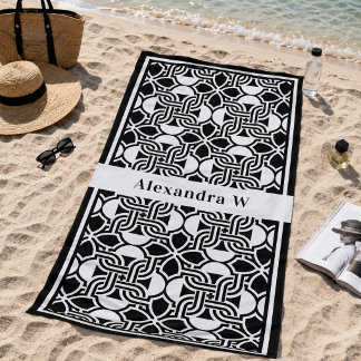 Toalha De Praia Padrão Monograma Art Déco Preto e Branco
