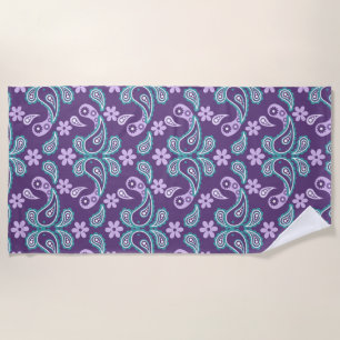 Toalha De Praia Padrão Paisley Roxo e Azul Shabby Chic