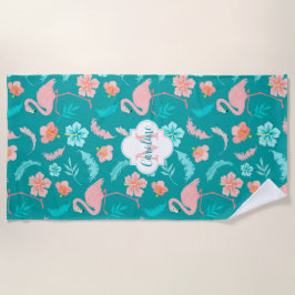 Toalha De Praia Padrão tropical do Hibiscus Pink Flamingo