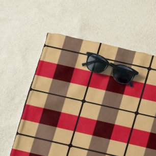 Toalha De Praia Padrão vermelho, bege e xadrez verde