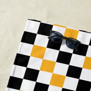 Toalha De Praia Padrão Xadrez Amarelo Preto Branco Design