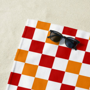 Toalha De Praia Padrão Xadrez Vermelho Branco Laranja Design