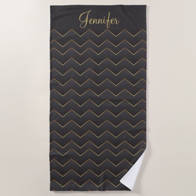 Toalha De Praia Padrão Zig Zag Chevron Dourado (Frente)