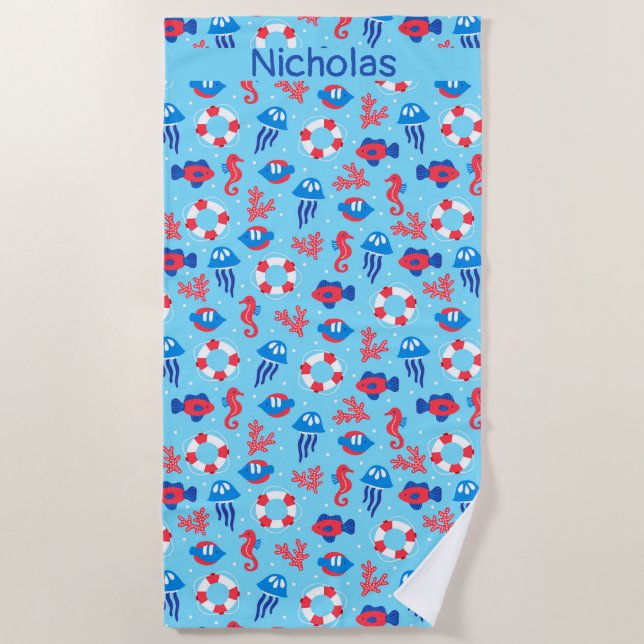 Toalha De Praia Padrões de Elementos para o Oceano de Crianças Per (Frente)