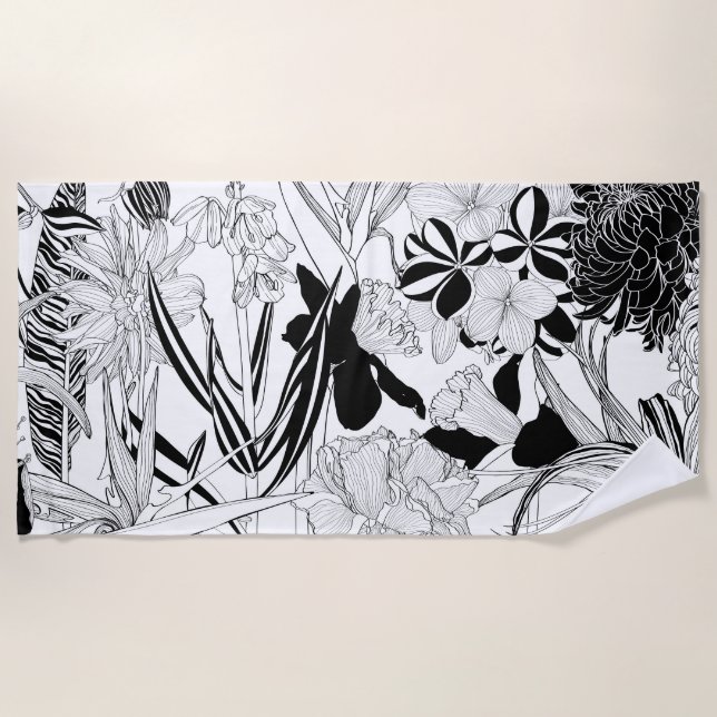 Toalha De Praia Padrões de fundo com flores de linha, palmas. (Frente)