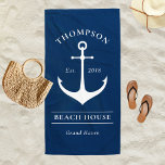 Toalha De Praia Página inicial de férias personalizadas de âncora<br><div class="desc">A praia/toalha de piscina náutica apresenta um estilo costeiro com uma âncora elegante de barco e texto personalizado que pode ser personalizado com um sobrenome familiar casa de praia (ou outro título) com o ano estabelecido e a localização. Design inclui um esquema clássico de cor azul e branco do marinho....</div>