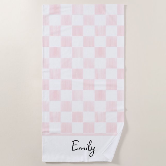 Toalha De Praia Painted Pink Checkerboard Pattern Personalized (Frente)